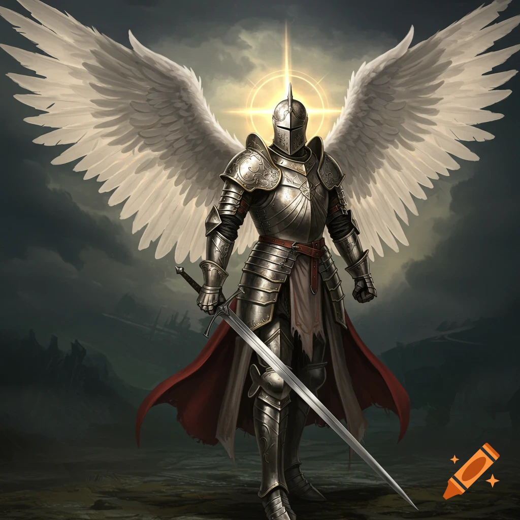 A knight in silver armor with large white angel wings holds a sword under a stormy sky.