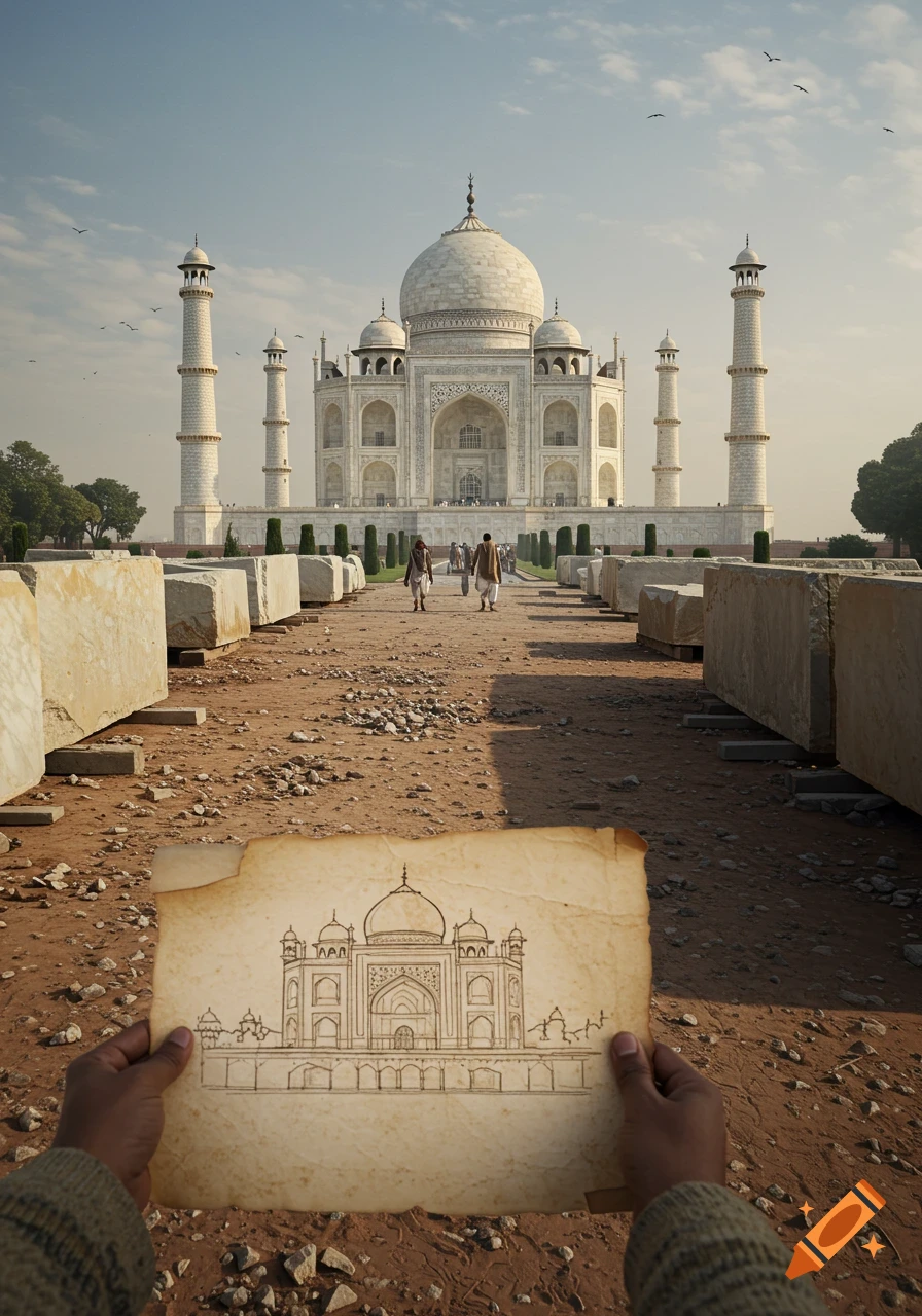 Hands hold a sketch of the Taj Mahal with the actual building in the distance, seen from a construction site.