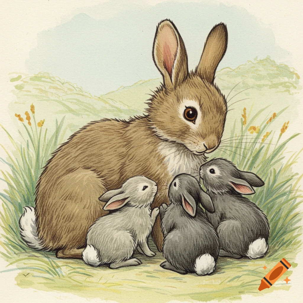 Classic illustration of a mother rabbit and three babies in a grassy field.