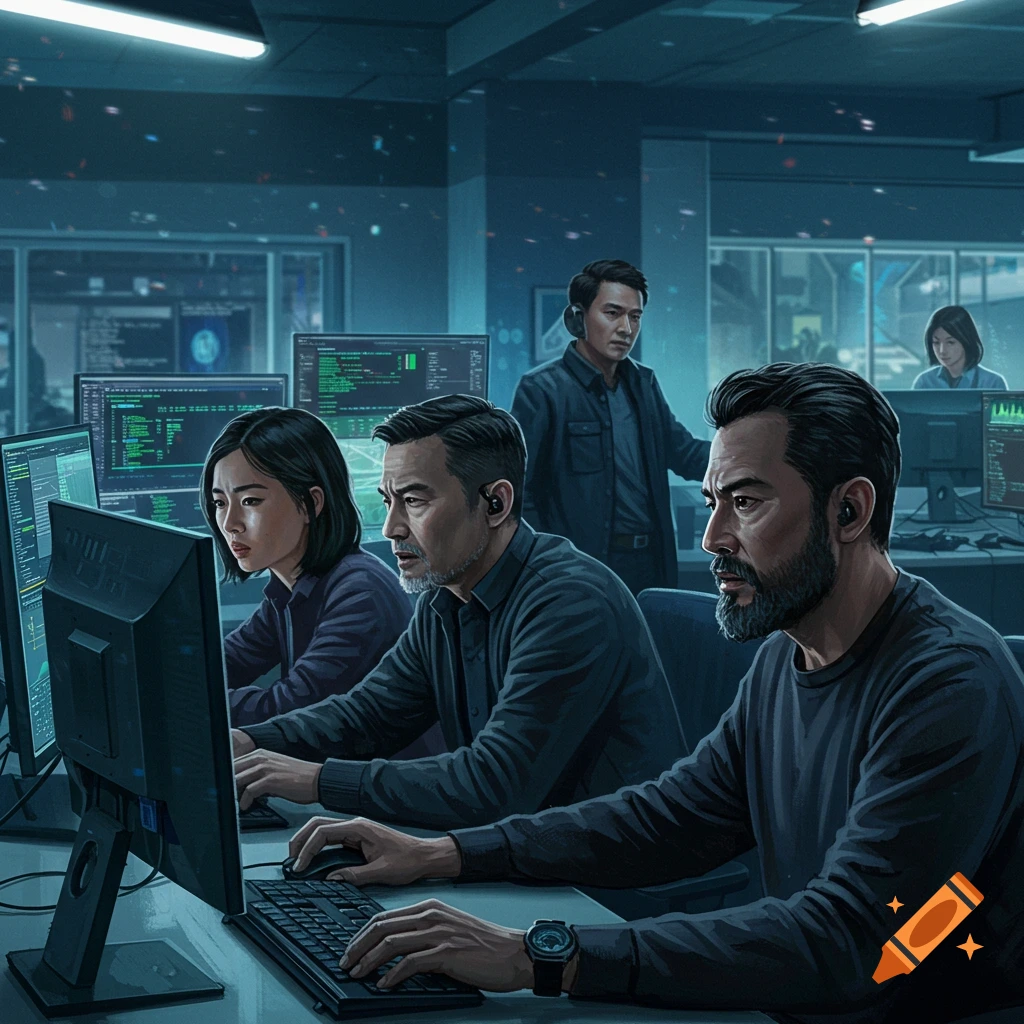 A computer incident response team working in a dark office with multiple screens.