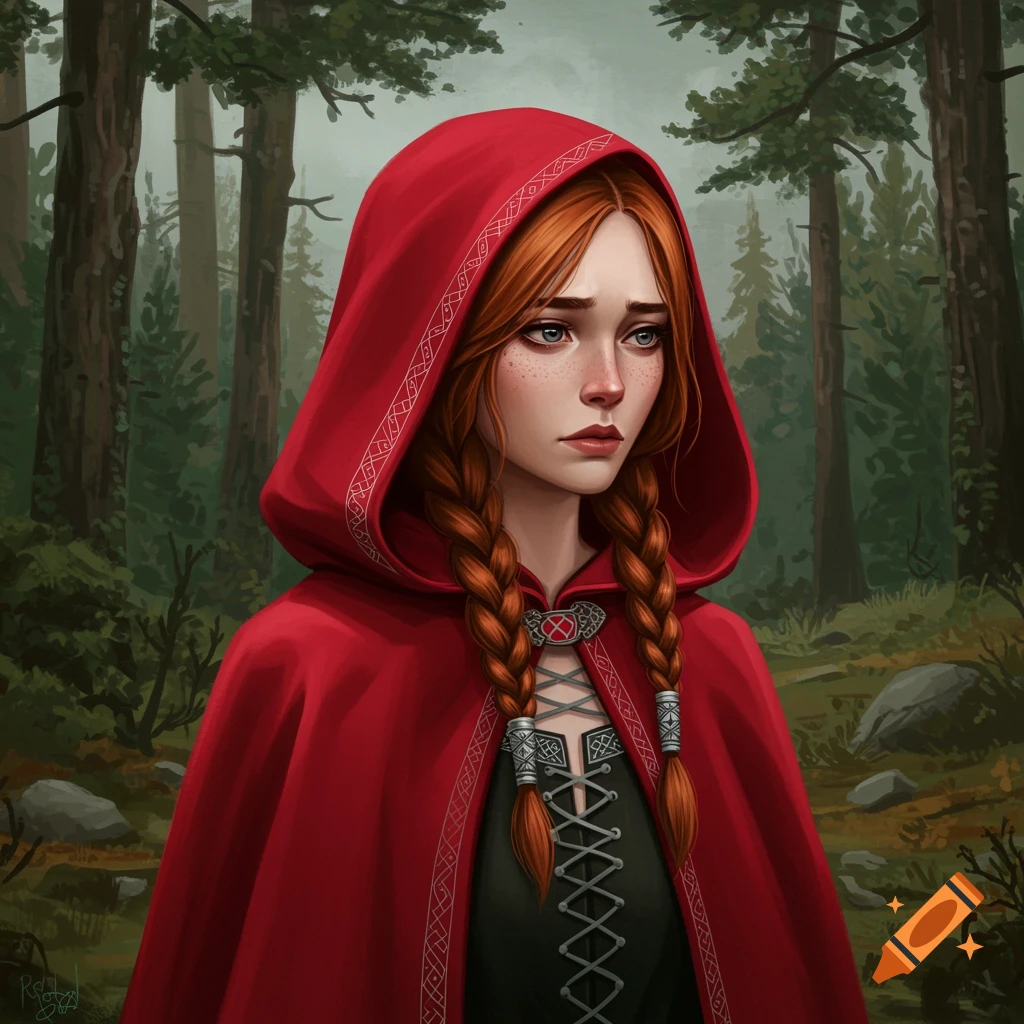 A young woman in a red hooded cloak stands in a forest.