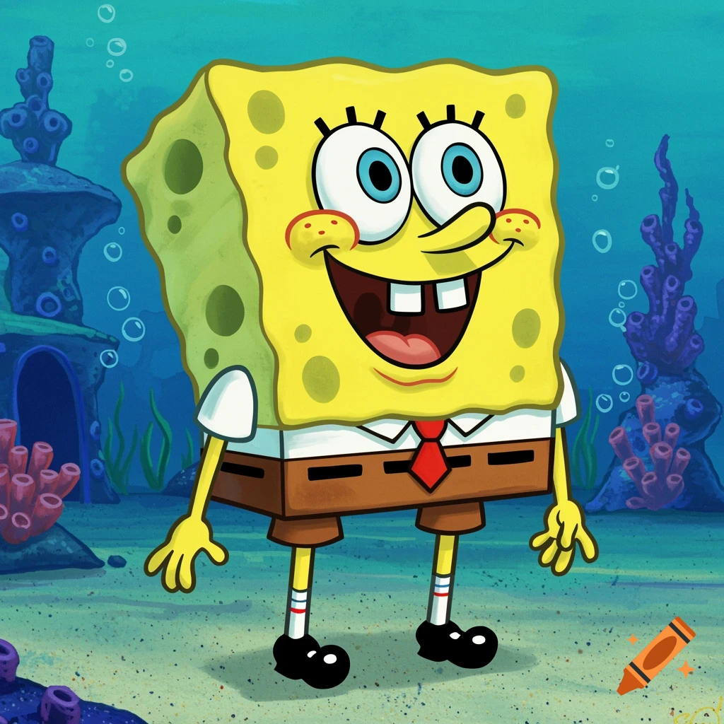 Cartoon of Spongebob Squarepants smiling underwater in Bikini Bottom.