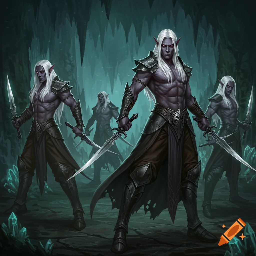 Four muscular Drow Elves with silver hair, red eyes, and daggers standing in a cave.