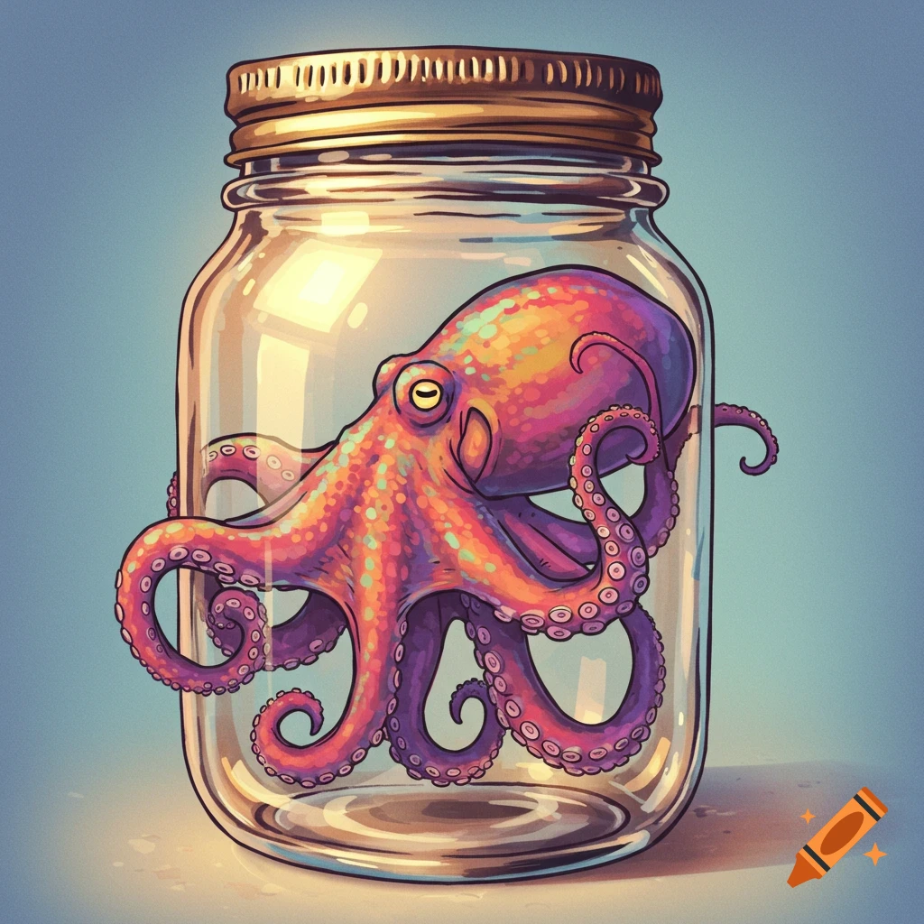 Cartoon octopus inside a glass jar.