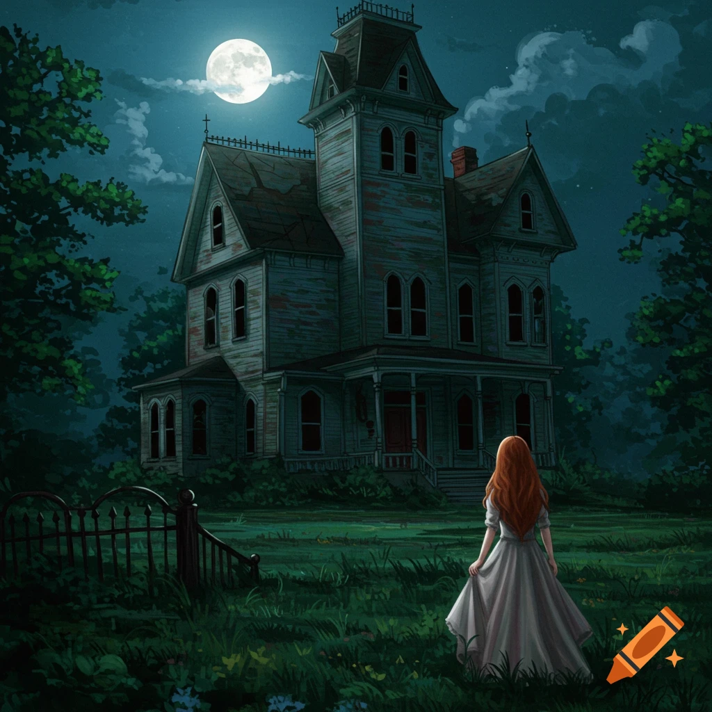 A red-haired girl in a white dress stands in a field looking at a spooky, old haunted house under a full moon.