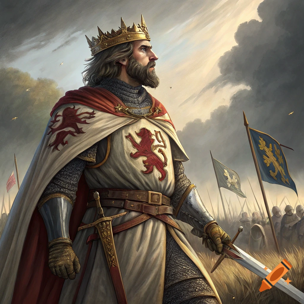 A medieval king in ornate armor and crown stands in a field before an army, looking towards a dramatic sky.