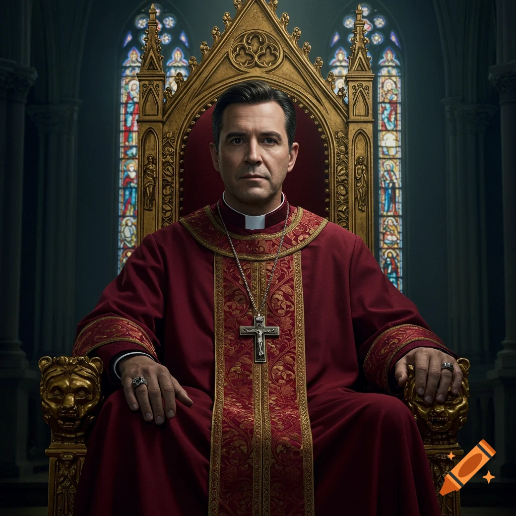 Photorealistic portrait of a priest sitting on a golden throne in a church.