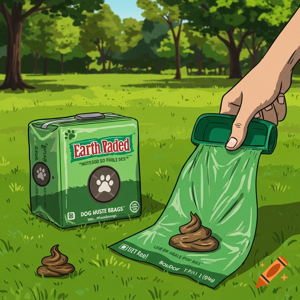 A hand pulls a green dog waste bag from a box in a park, with dog waste on the ground.