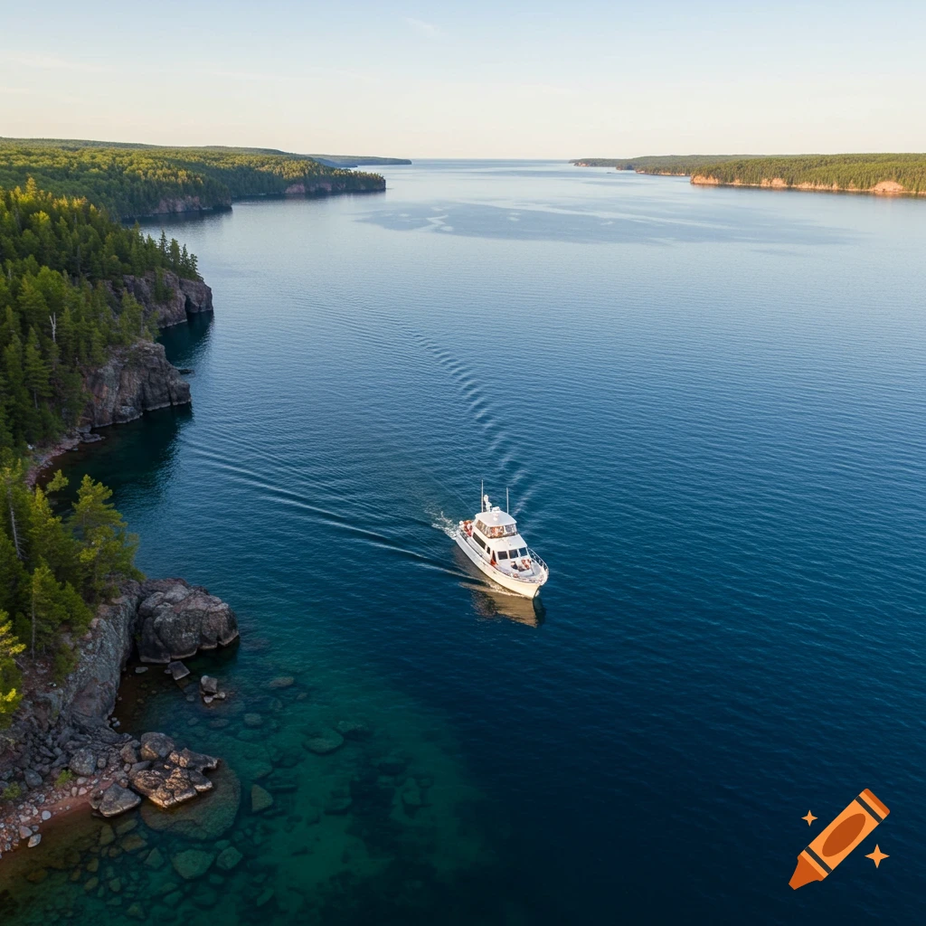 A white yacht cruises on a deep blue lake near a forested coastline under a clear sky.