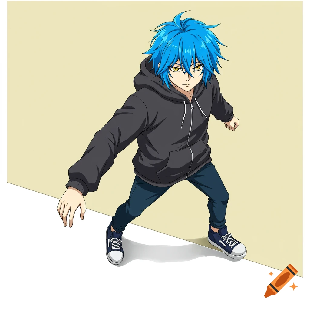 An anime character with blue hair and a black hoodie walks up a wall.