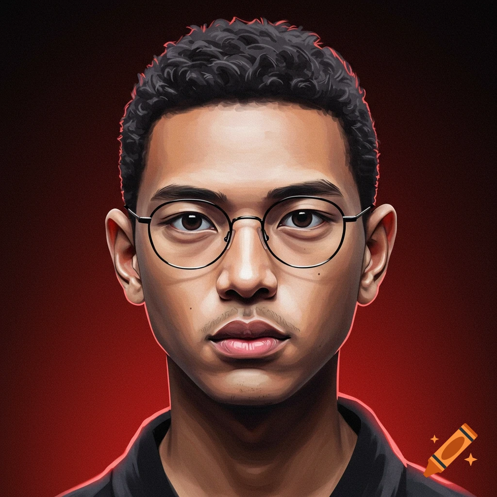 Portrait of a young man with curly hair and glasses against a red background.