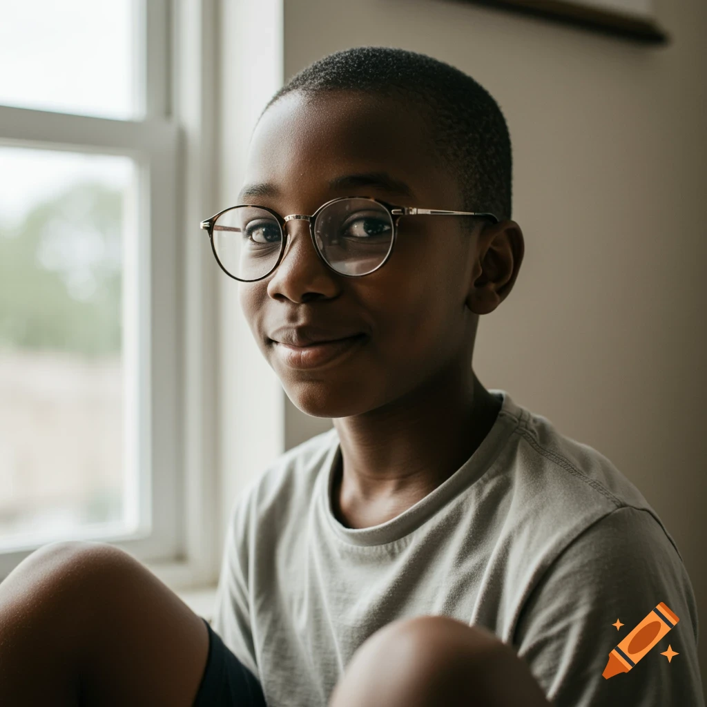 A young boy with glasses sits by a window, smiling slightly.