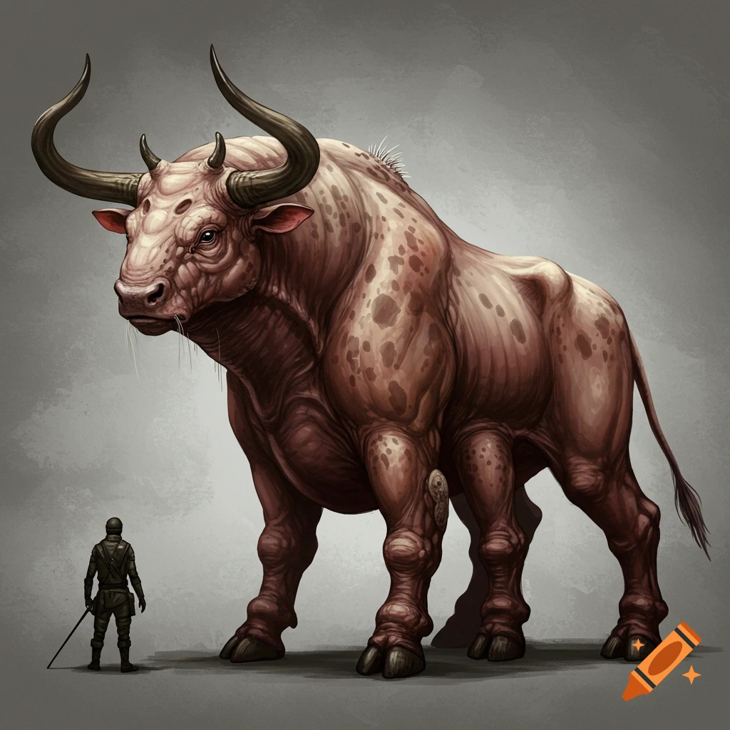 A large, spotted fantasy creature resembling a bull with large horns stands next to a small human figure.