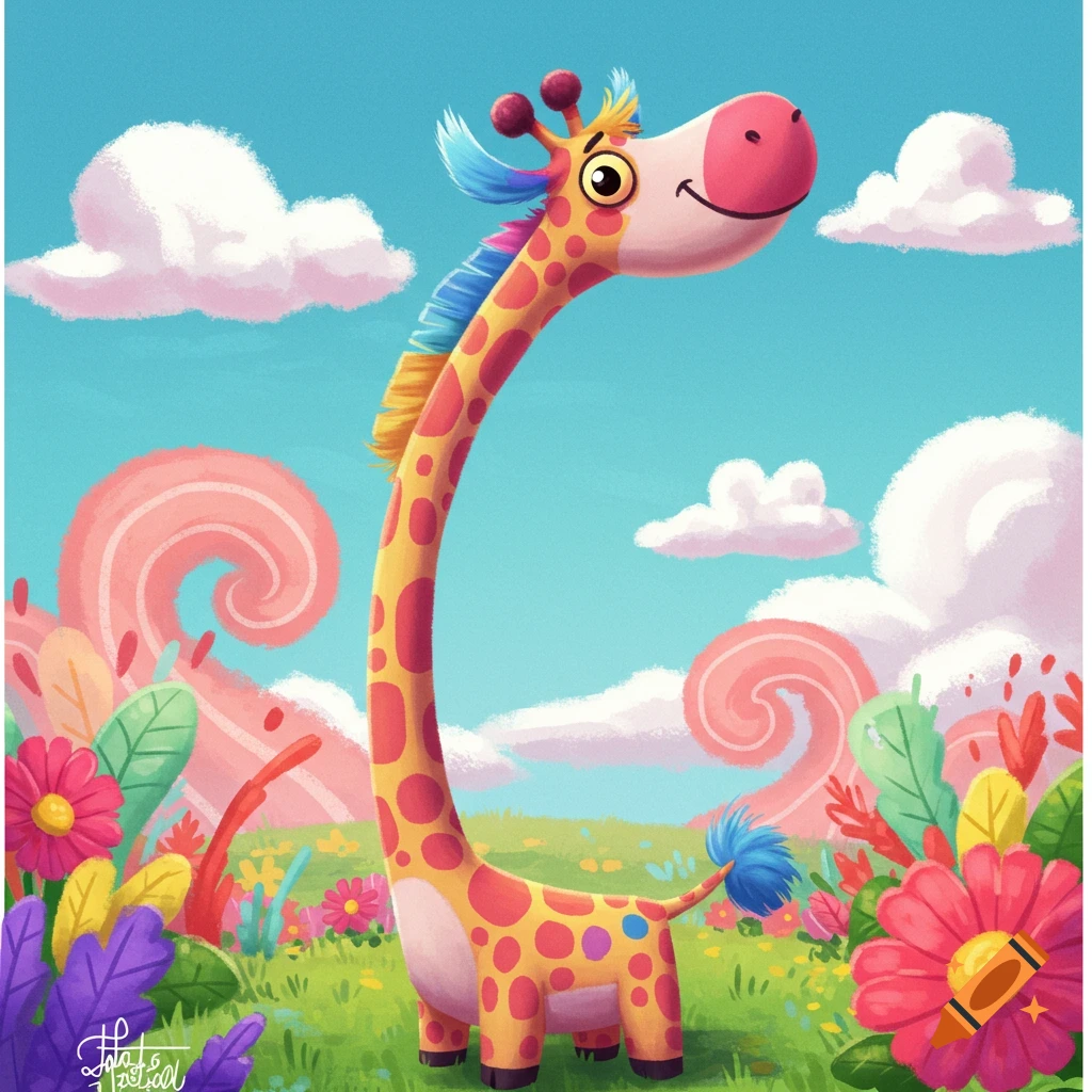 A colorful cartoon giraffe stands in a whimsical landscape with large flowers and pink swirls under a blue sky.