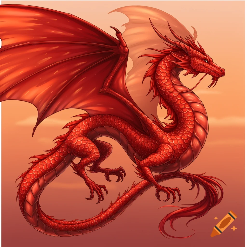 A detailed image of a red dragon flying against an orange sky.