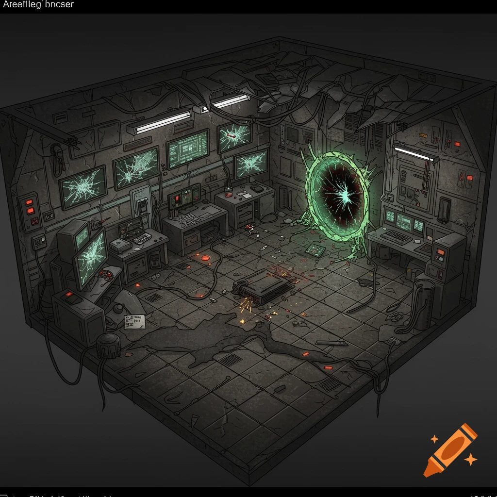 Isometric illustration of a dark sci-fi lab room with broken screens, loose cables, and a glowing green portal.