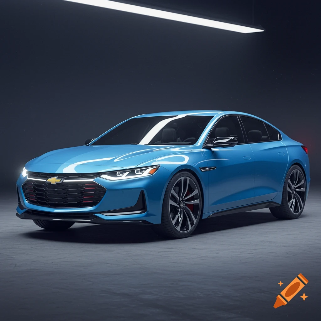 A blue Chevrolet concept car is parked in a dark studio.