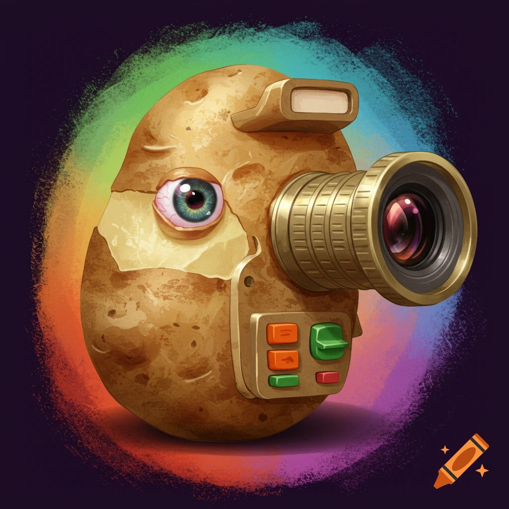 A potato with a camera lens and buttons attached, set against a rainbow gradient background.