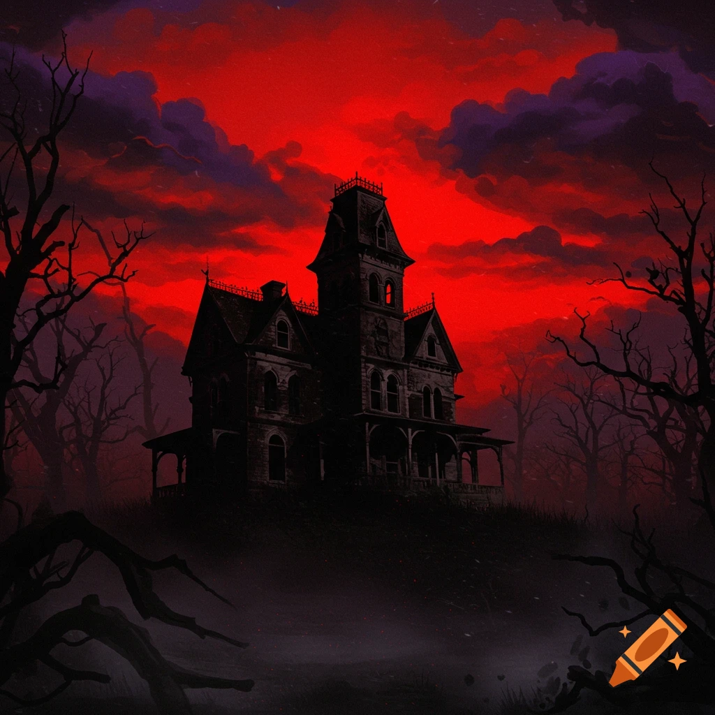 A dark, creepy Victorian house sits on a hill under a blood-red and purple sky, surrounded by twisted trees.