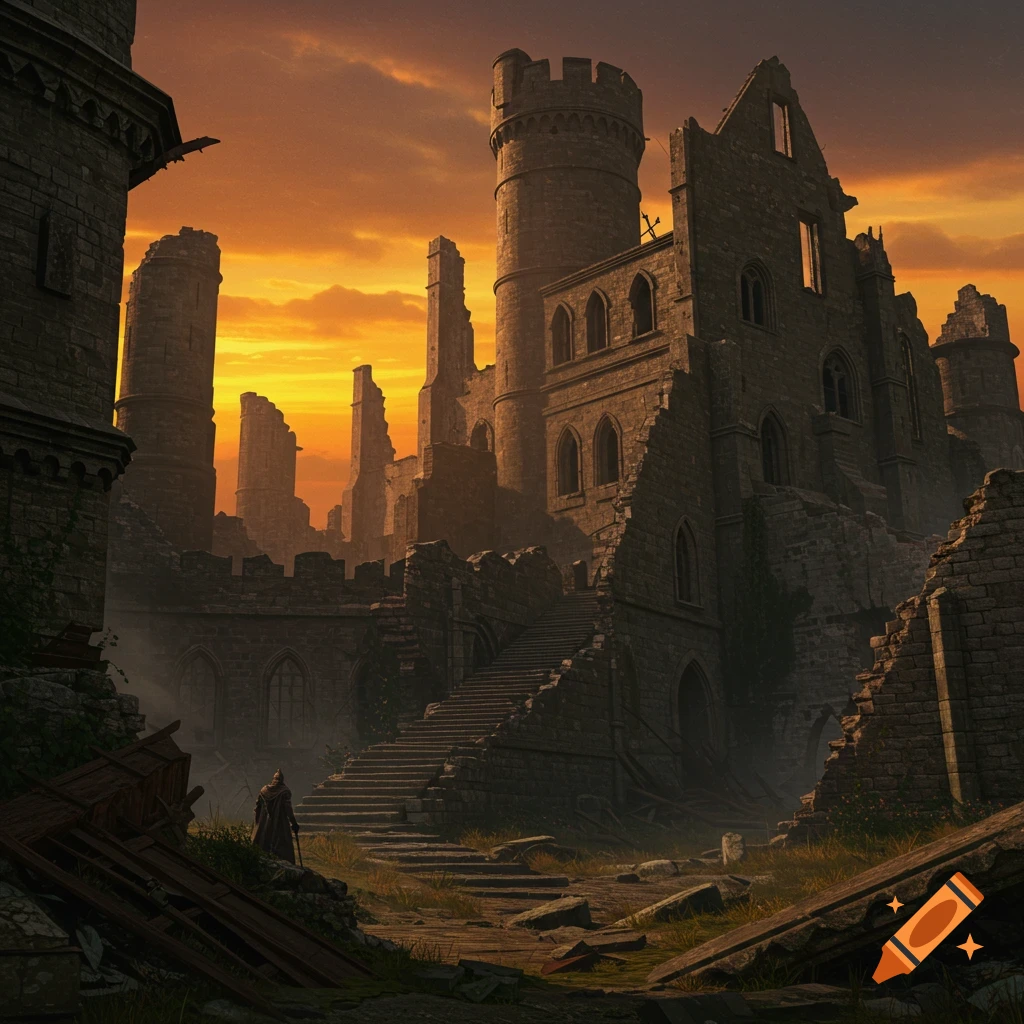 A figure stands before a ruined castle at sunset.