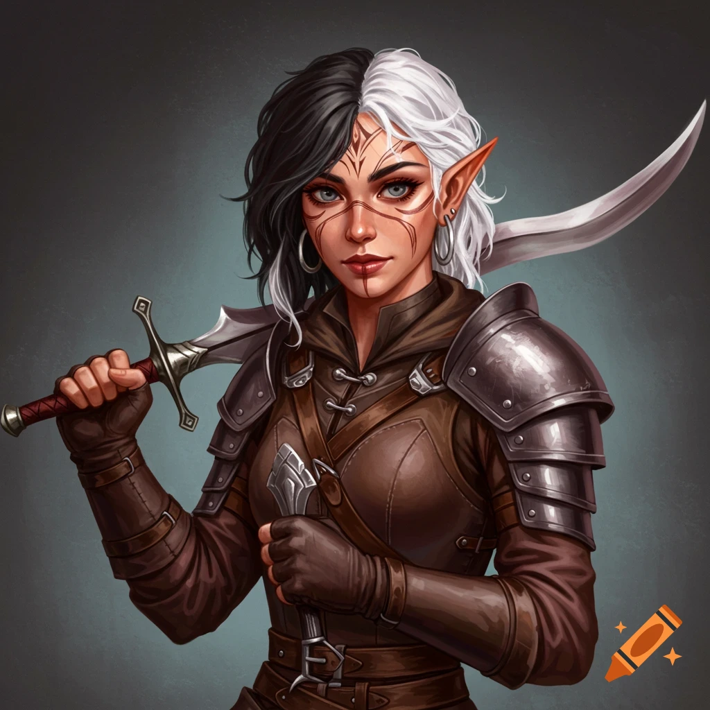 A female elf rogue with half black/half white hair, face tattoos, holding a curved sword.