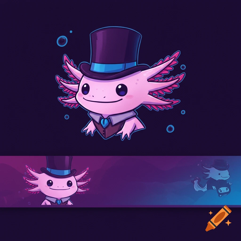 Cartoon axolotl wearing a top hat and suit against a dark purple background with bubbles.