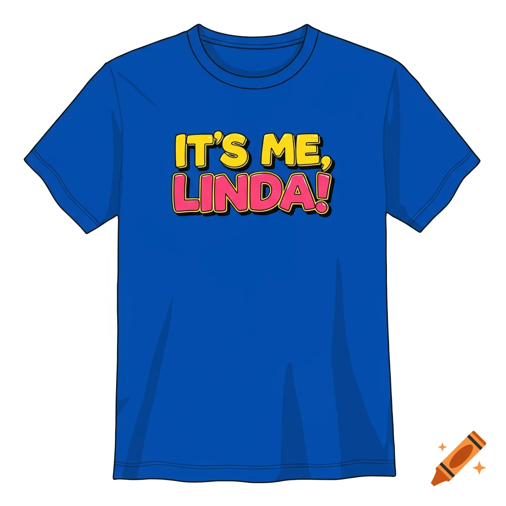 Blue t-shirt with the slogan 'IT'S ME, LINDA!' in bubbly yellow and pink letters.