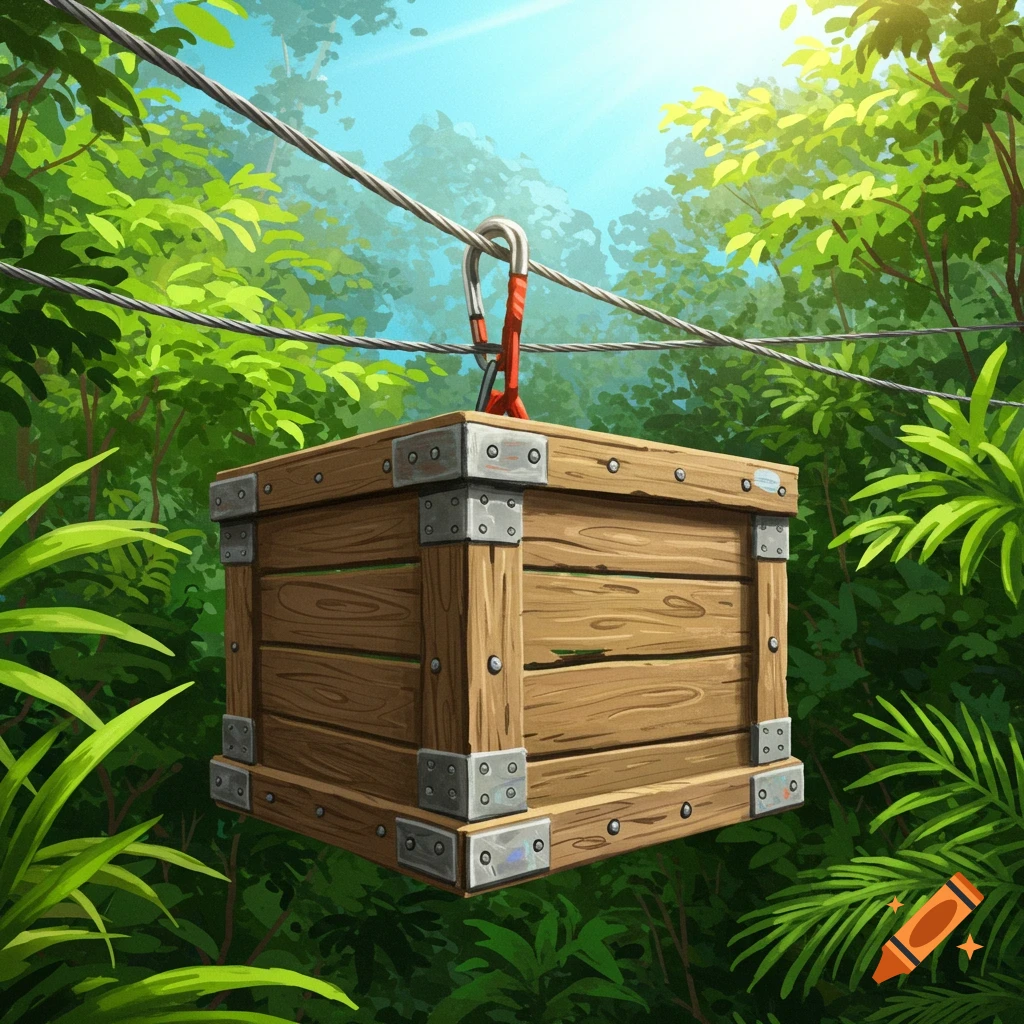 A wooden crate hangs from a zipline in a lush jungle.
