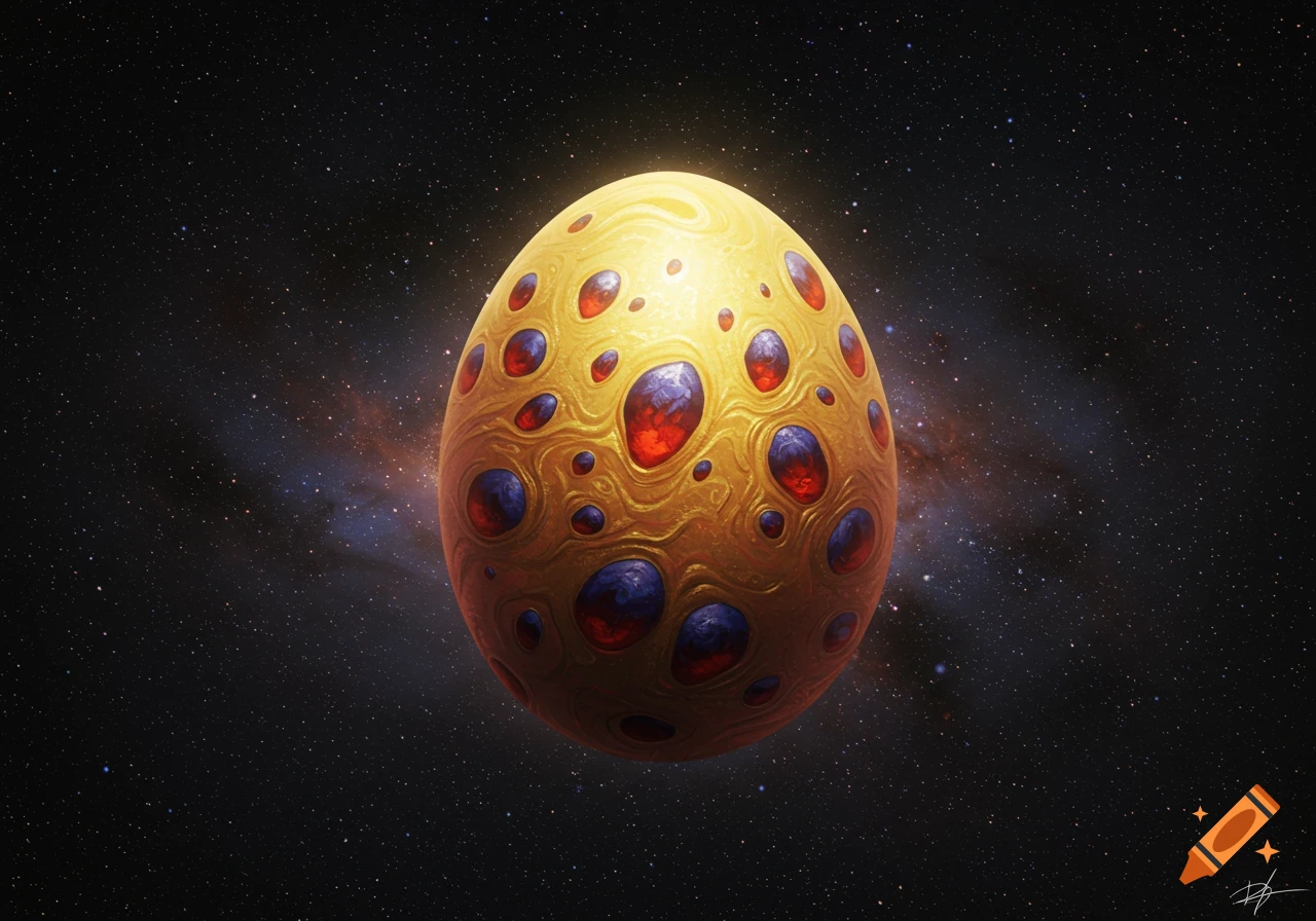 A golden fantasy egg with red and blue jewel-like features floats in a starry void.