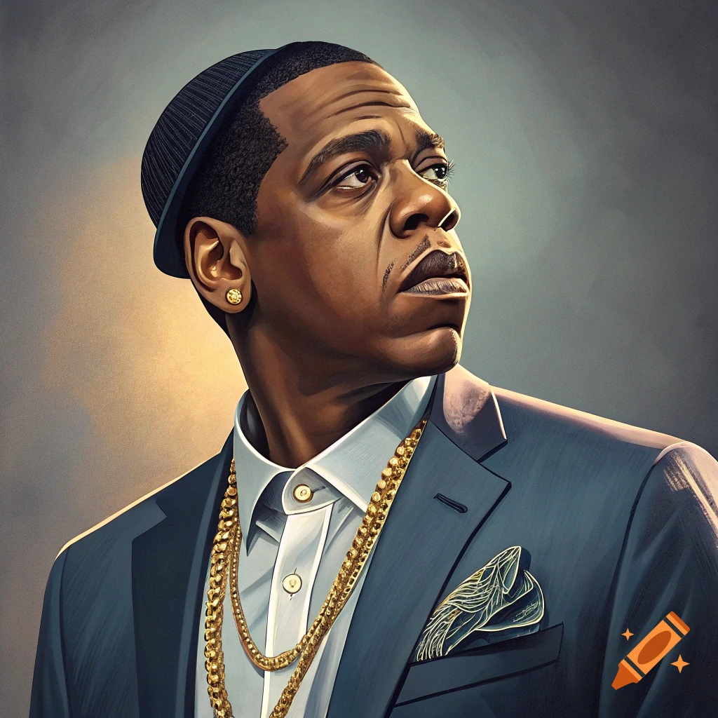 Stylized portrait of Jay-Z in a suit and gold chains