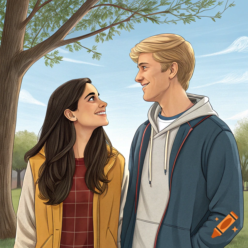 A stylized illustration of a young man and woman looking at each other under a tree.