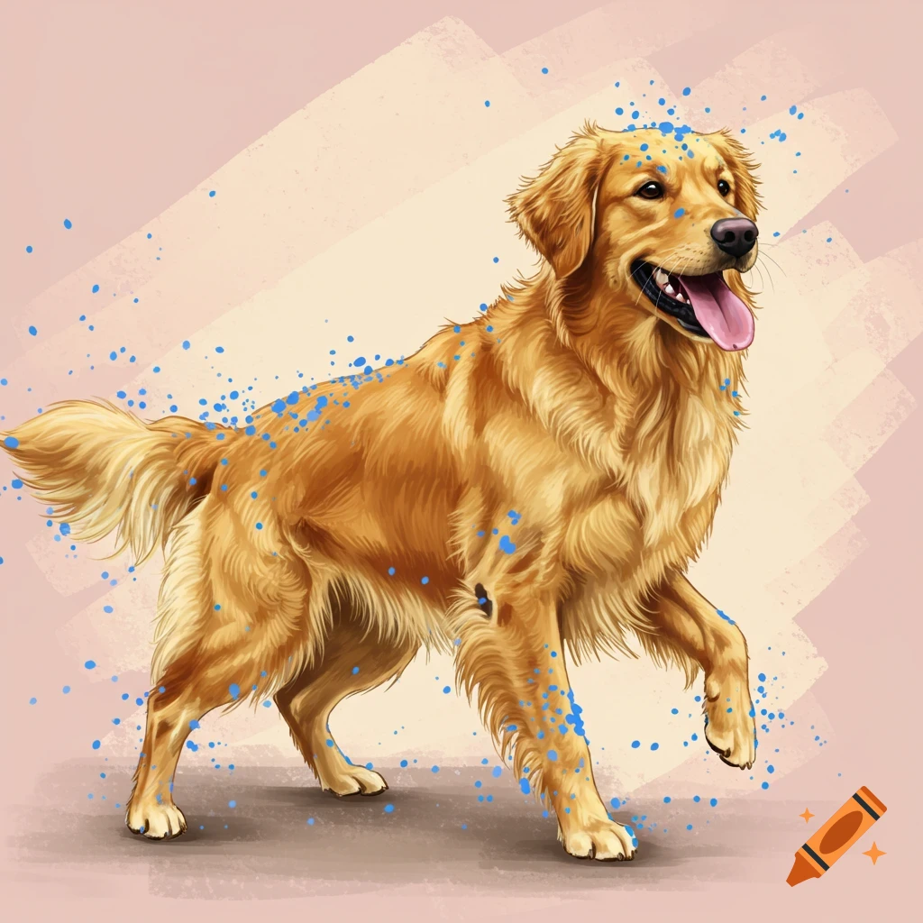 A Golden Retriever dog covered in blue paint splatters.