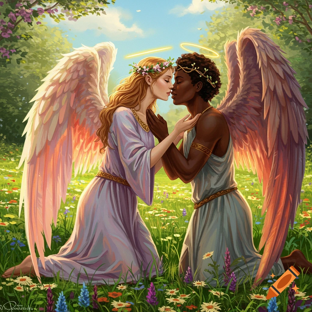 Vibrant image of a blonde angel and a dark-skinned angel kneeling in a flowery meadow, looking tenderly at each other.