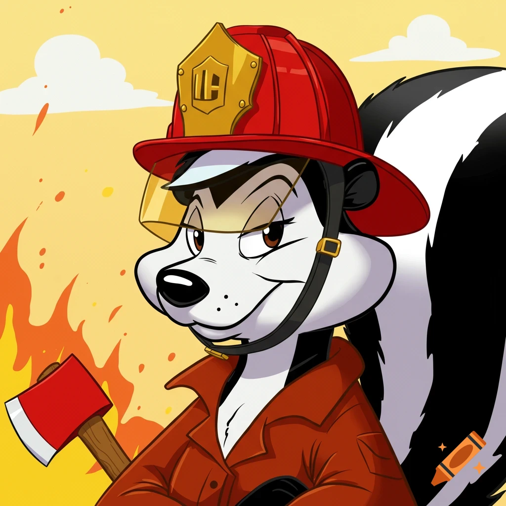 Cartoon skunk in firefighter gear holding an axe with fire behind them.