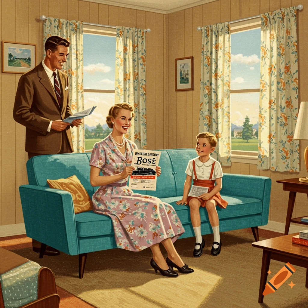 Vintage illustration of a family in a 1950s living room.