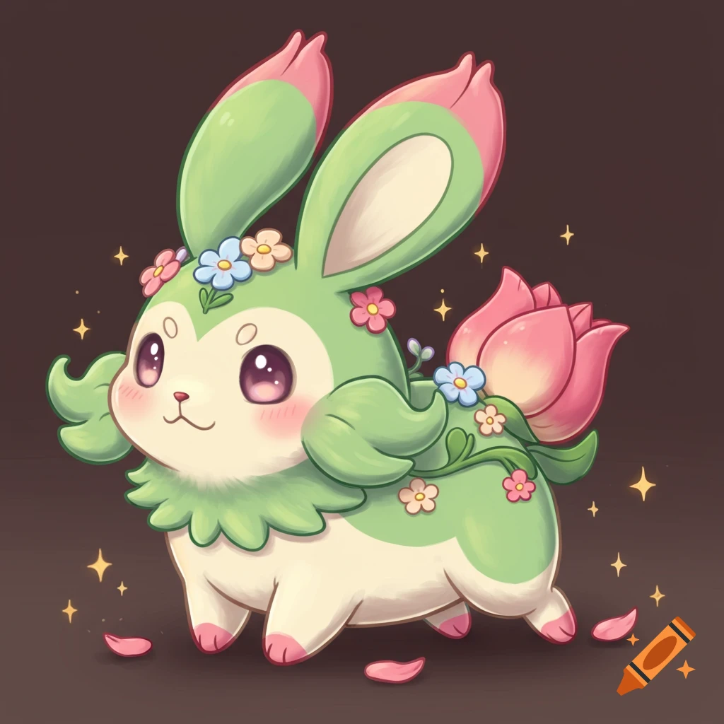 Cute anime creature resembling a bunny with flower ears, tulip tail, and flowers on its back, surrounded by sparkles.