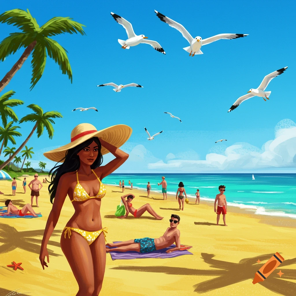 A sunny depiction of a hot beach day with people, palm trees, seagulls, and a woman in a yellow bikini.