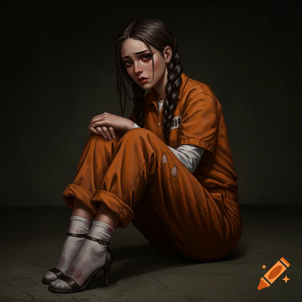 A sad woman with braided hair in an orange prison jumpsuit sitting on the floor.