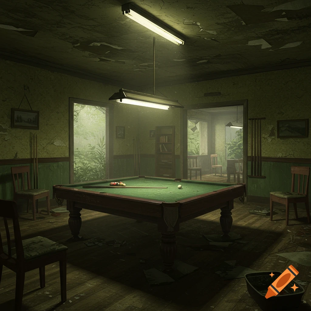 Dimly lit, abandoned pool room with a green table, old chairs, and peeling wallpaper.