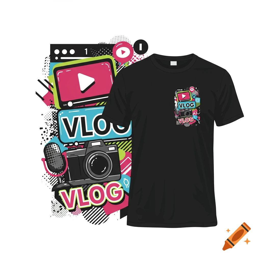 Black t-shirt next to a colorful vector graphic illustration with camera, microphone, play button, and 'VLOG' text.