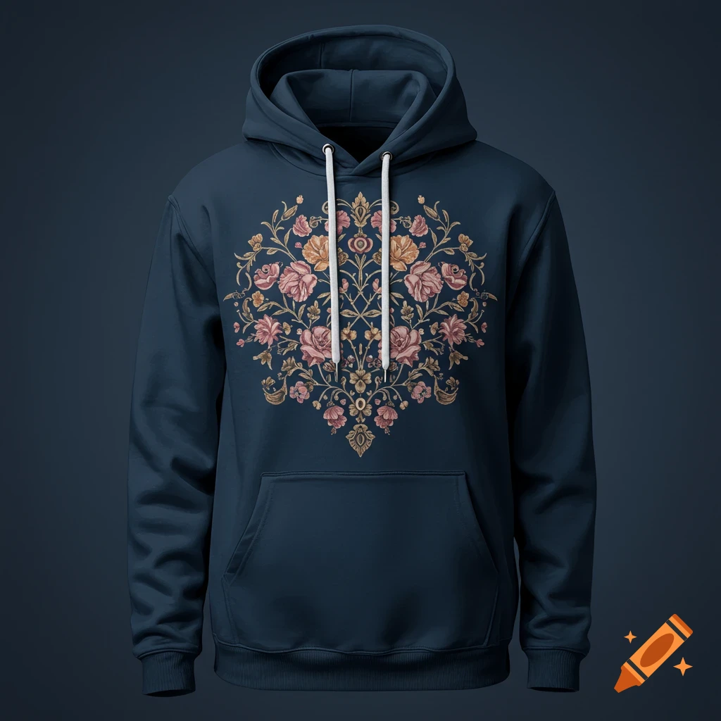 Dark blue hoodie with an intricate pink and orange floral pattern centered on the chest.