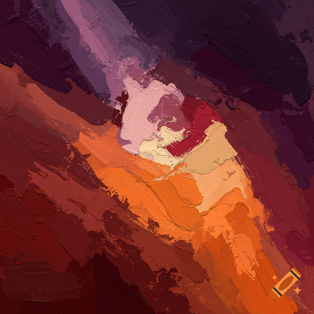 Abstract painting with thick brushstrokes in red, orange, yellow, pink, and purple hues.