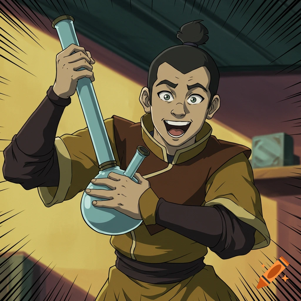 Cartoon character resembling Sokka holding a bong, looking excited.