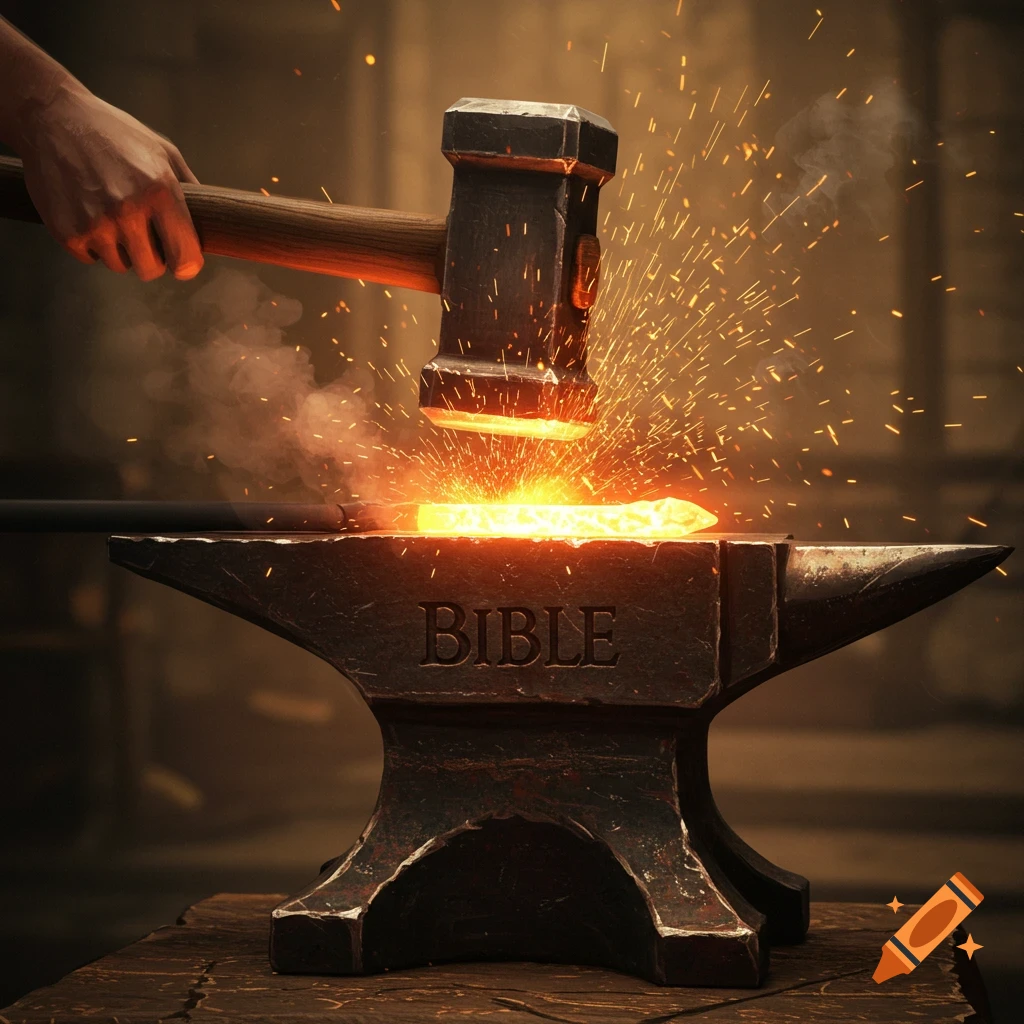 A hand holding a hammer strikes a hot metal bar on an anvil marked 'BIBLE', creating sparks.