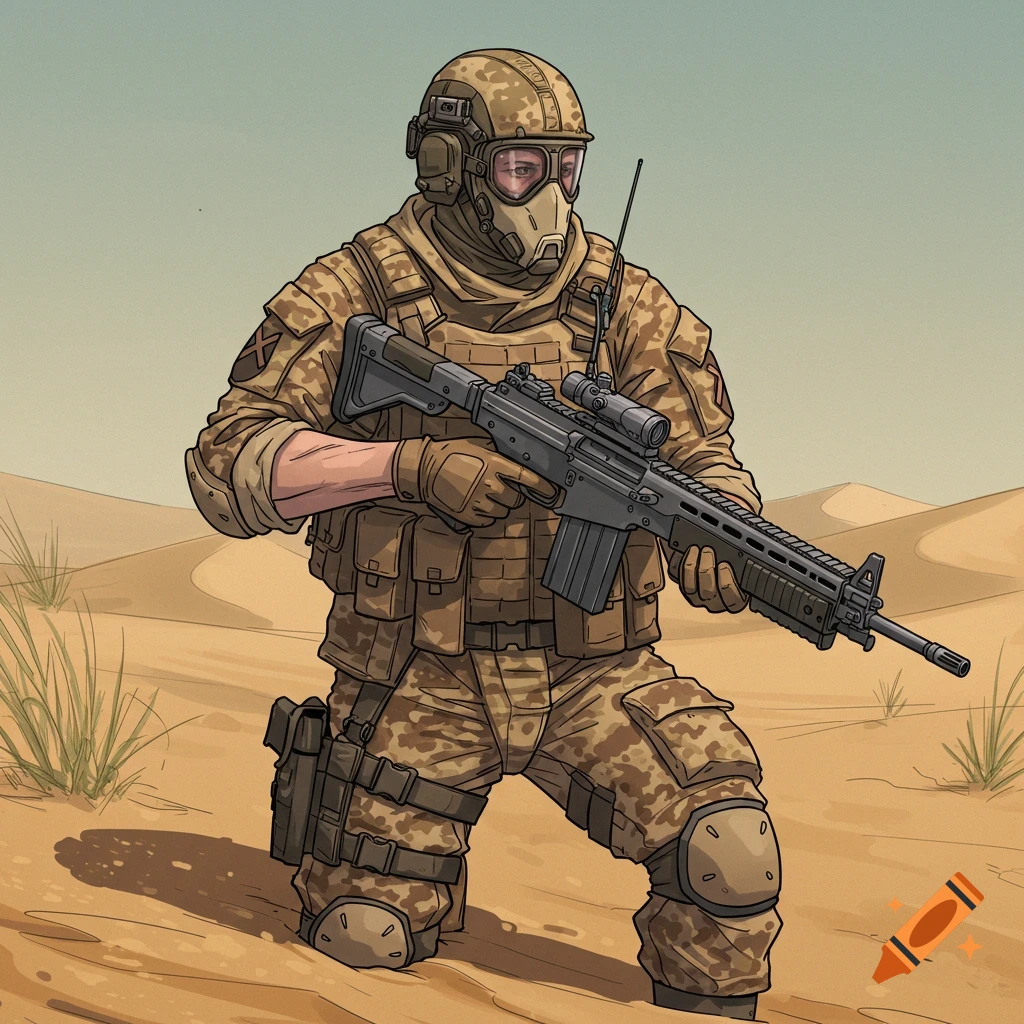 Illustration of a soldier in desert camouflage and mask kneeling with a rifle in the sand.