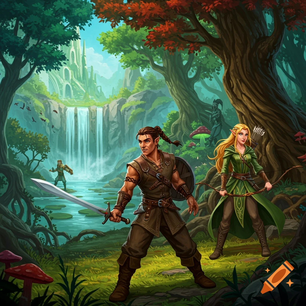 Fantasy characters in a forest with a waterfall and castle.