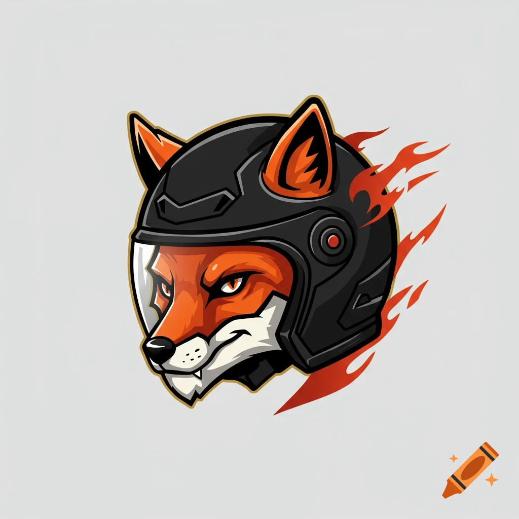 A cartoon fox wearing a black motorcycle helmet with flames, logo style.