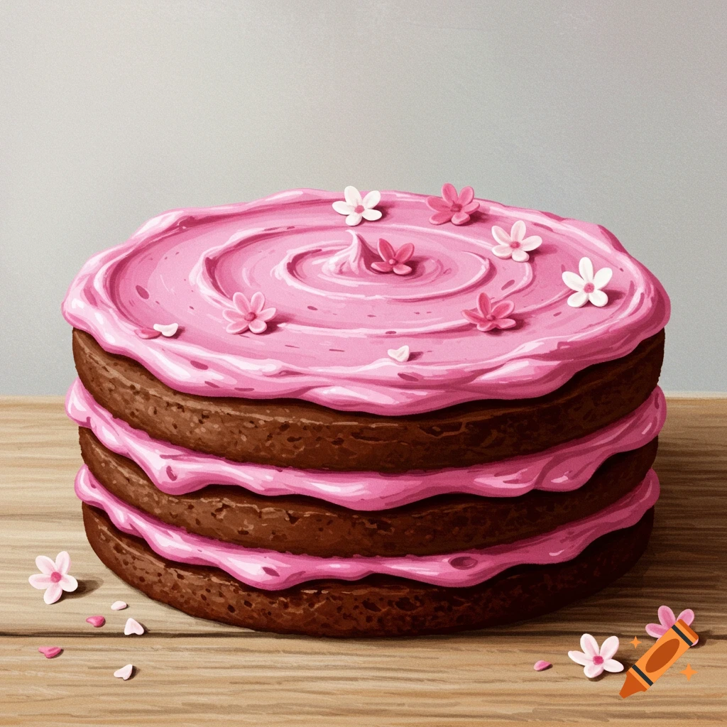 A chocolate cake with pink frosting and flowers on a wooden table.
