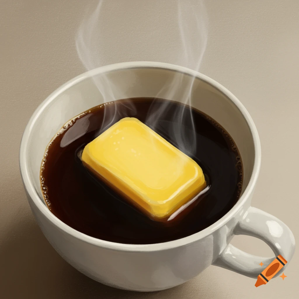 A stick of butter floating in a cup of steaming coffee.