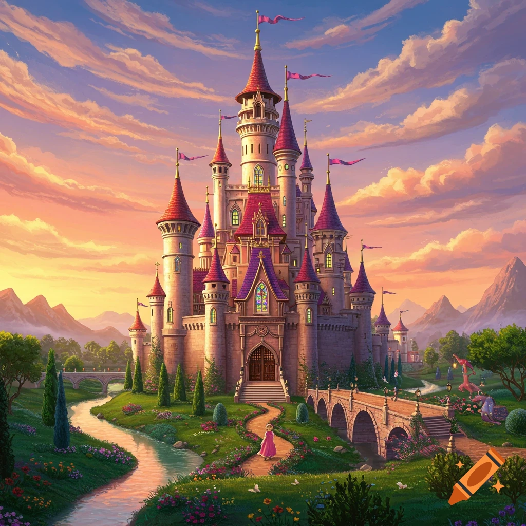 A fairytale castle with pink turrets and flags stands at sunset, with a river and path leading to it.
